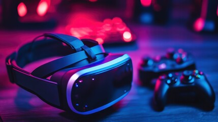 High-Tech Virtual Reality Headset Surrounded by Gaming Accessories