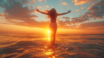happy woman jumping in the sea at sunset.