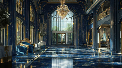 Obraz premium Grand blue and gold marble palace entrance hall.