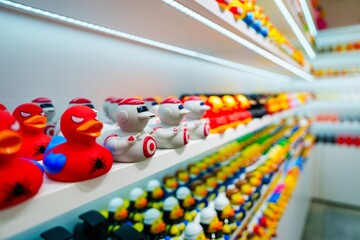 Fototapeta premium A vibrant collection of rubber ducks in various colors and sizes is displayed neatly on white shelves. Each duck has its unique design, creating a cheerful and playful atmosphere in the room.