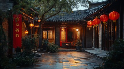 A serene, tranquil courtyard at twilight in a traditional Chinese home with warm lighting,  red lanterns, and ancient architecture..