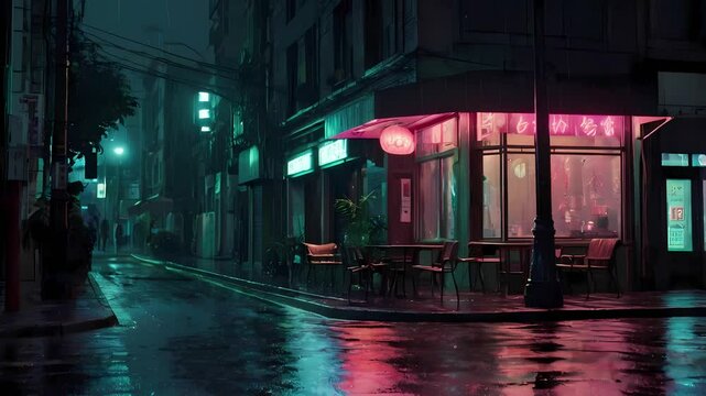 Shop in the street during night and raining. Flickering sign and light. Anime style. Looping Lofi animation.