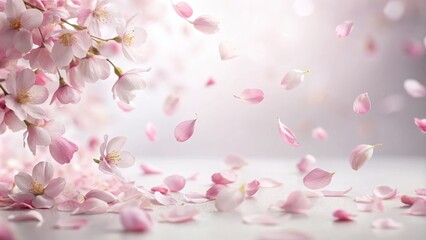 Soft pink sakura petals gently fall onto a serene white background, creating a sense of tranquility and beauty in the natural world , serene background, delicate flowers
