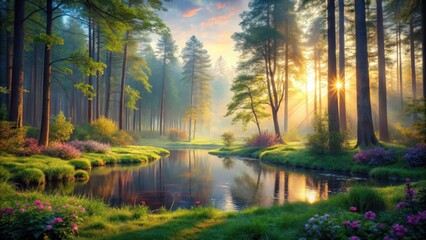 Obraz premium Soothing Forest Sanctuary at Dawn, serenity, natural surroundings