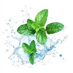 Fresh mint leaves splashing in icy water.