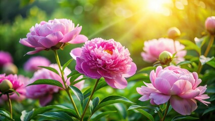 Fototapeta premium Delicate pink peonies blooming in a lush green garden with soft sunlight filtering through the petals, pink blooms, botanical garden