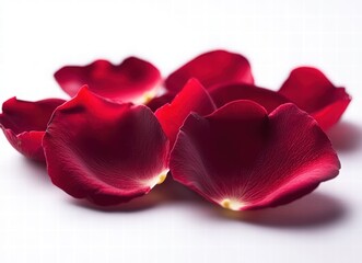 Red rose petals falling on a white background, a Valentine's Day concept.
