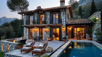 Luxury stone villa with pool and mountain view during sunset in serene location