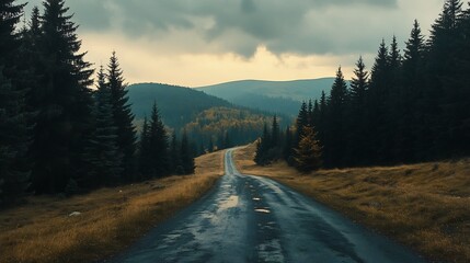 Obraz premium Serene Autumnal Road Winding Through Misty Mountain Landscape