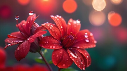 a close up of red flowers with water drops on them and a blurry background