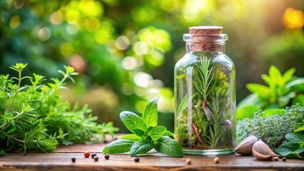 Fragrant herbs infused in a glass bottle, garden, oil,  garden, oil,herbs, spice, kitchen, plant, homemade, natural