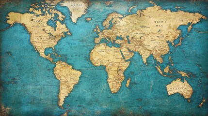 Vintage World Map with Detailed Cartography on Worn Background