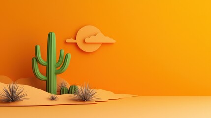 Stylized Minimalist Desert Landscape with Cactus Silhouette and Vibrant Orange Sky at Sunset