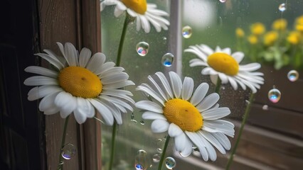 daisies with water droplets sitting in the sun near water droplets on them and against a blue backdrop