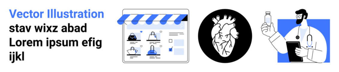 Online store interface with products under awning, detailed anatomical heart illustration, medical figure examining a bottle. Ideal for healthcare, e-commerce, medical studies, anatomy, digital