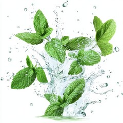 Fresh mint leaves splashing in water. (3)