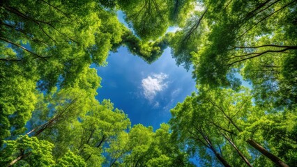 Fototapeta premium Forest canopy with a heart-shaped hole in the center, revealing a bright blue sky , leaves, foliage, leaves, foliage, sunlight, sky