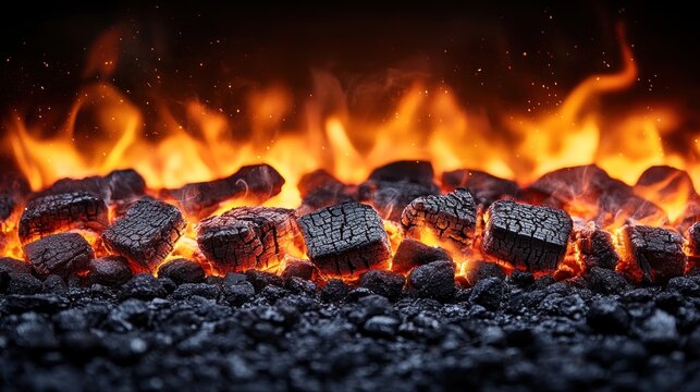 Glowing embers and flames of burning charcoal. - Powered by Adobe