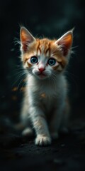 Obraz premium Orange and White Kitten with Blue Eyes on Dark Background