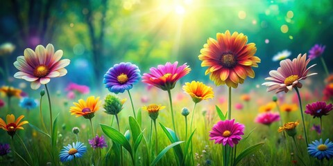 Fototapeta premium Colorful psychedelic flowers blooming in a lush green meadow with soft focus, nature inspired home decor, love peace groovy graphic free images