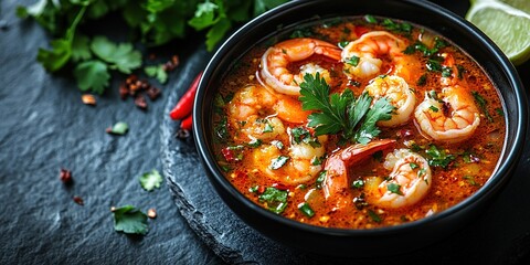 Tom Yum Kung Thai hot spicy soup shrimp with lemon grass,lemon,galangal and chilli on wooden background Thailand Food
