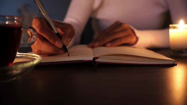 Woman's hands writing in a journal at night concept