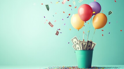 Celebrate Financial Success: Money, Balloons, and Confetti
