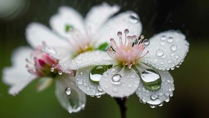 this white flower is covered in rain drops as it stands out against the dark background
