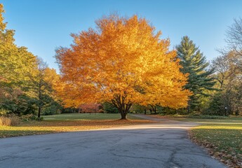 Naklejka premium Vibrant Autumn Tree Spreading Its Golden Leaves Over a Calm Park Landscape on a Clear Day with a Soft Blue Sky in the Background