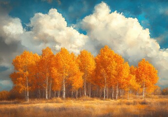 Fototapeta premium Vibrant Autumn Trees Under Bright Blue Sky with Fluffy White Clouds Highlighting the Beauty of Nature's Seasonal Changes