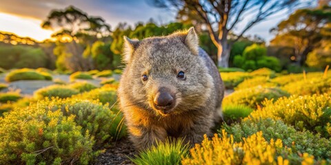 Aerial Drone Shot of Common Wombat, Vombatus Ursinus, Australian Marsupial in Native Habitat
