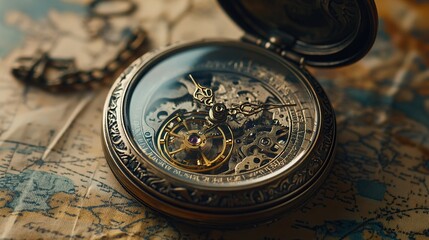 Antique Pocket Watch on Vintage Map: A Glimpse into History