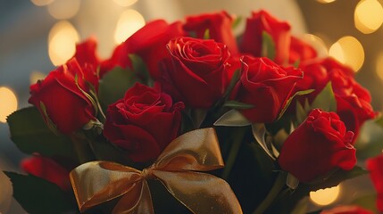 Romantic Red Roses Bouquet with Golden Bow