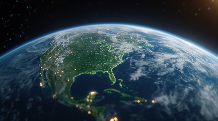 Obraz premium A vivid view of North America from space, highlighting cities illuminated at night against the backdrop of the Earth's atmosphere.