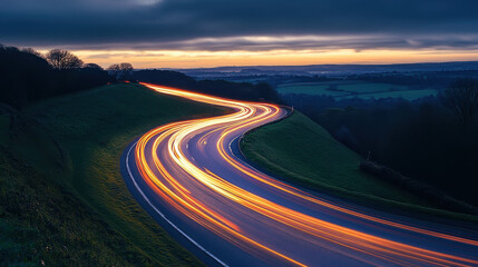 Light trails of cars on the winding road, landscape photography, hillside