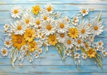 Obraz premium Vibrant Floral Arrangement with Yellow and White Flowers on a Blue Wooden Background, Perfect for Celebrating Nature and Elegance in Design Projects
