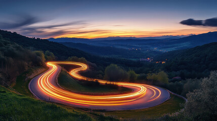 Light trails of cars on the winding road, landscape photography, hillside