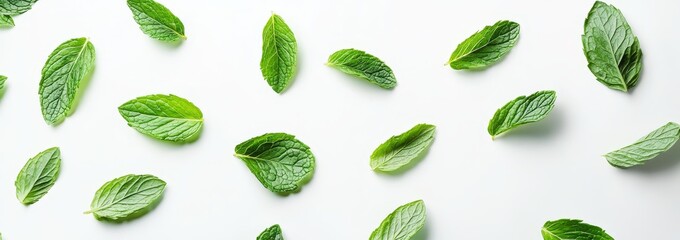 Fresh mint leaves scattered on white background. (2)