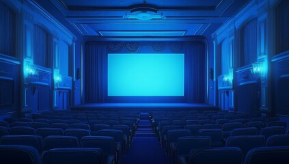 Fototapeta premium Empty classic movie theater with blue lighting and large screen.