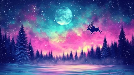 Naklejka premium Magical Christmas Night: Santa's Flight Over a Dreamy Winter Forest Under a Full Moon