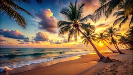 serene ocean scene with palm trees against a warm sandy beach at sunset with film grain effect , film grain, ocean