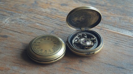 Antique Pocket Watch Mechanism on Wooden Surface
