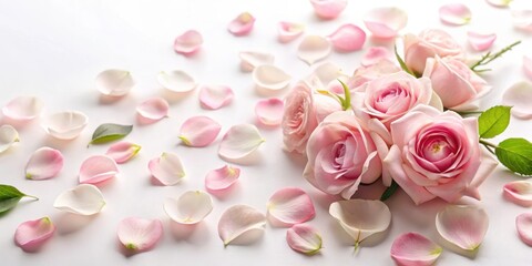 Fototapeta premium Soft pink rose petals scattered on a white background with a few stems and leaves , pink roses, delicate