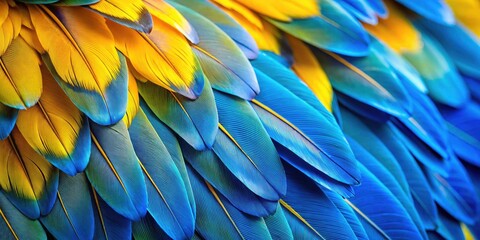Obraz premium Blue and Yellow Macaw Feathers Closeup, Lagoa das Araras, Brazil - Exotic Bird Texture