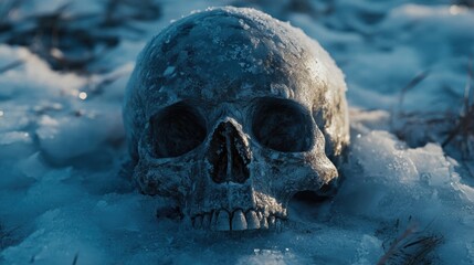 Frosty Skull on Snowy Ground in a Chilling Winter Landscape