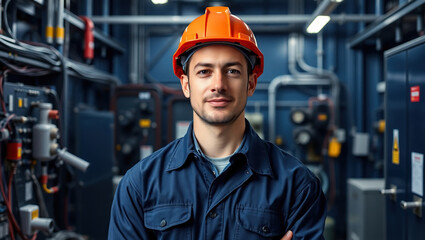 Electric Engineer Portrait Wearing Safety Helmet and Blue Safety Clothes