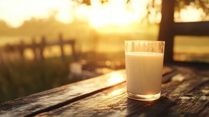 Glass of Fresh Milk on Wooden Table During Sunrise in Nature