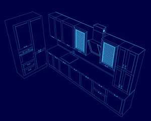 Blue kitchen with a counter and cabinets. The kitchen is designed to look modern and sleek