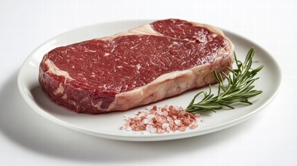 Obraz premium Fresh Raw Ribeye Steak with Salt and Rosemary on White Plate