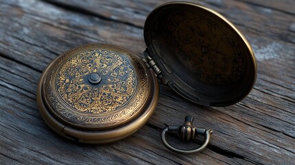 Antique Brass Pocket Watch with Intricate Gold Design on Wooden Surface